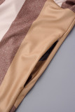 Apricot Brown Casual Daily Plaid Bandage Printing Turndown Collar Short Sleeve Dress Dresses