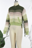 Ink Green Street Color Block Tassel Patchwork Zipper Cardigan Collar Outerwear（Tzitzit This Is A live Shot）