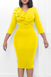 Yellow Casual Solid With Belt V Neck Pencil Skirt Dresses