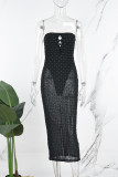 Black Sexy Solid Hollowed Out Patchwork Slit Mesh Hot Drill Strapless Long Dress Dresses