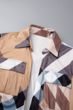 Apricot Brown Casual Daily Plaid Bandage Printing Turndown Collar Short Sleeve Dress Dresses