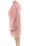 Pink Casual Print Patchwork Draw String Hooded Collar Straight Plus Size Dresses