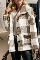 Khaki Casual Plaid Buttons Turndown Collar Outerwear