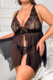 Black Sexy Living Solid See-through Backless Slit Spaghetti Strap Plus Size Sleepwear