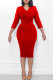 Red Casual Solid With Belt V Neck Pencil Skirt Dresses