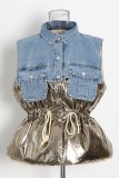 Gold Casual Patchwork Contrast Turndown Collar Outerwear
