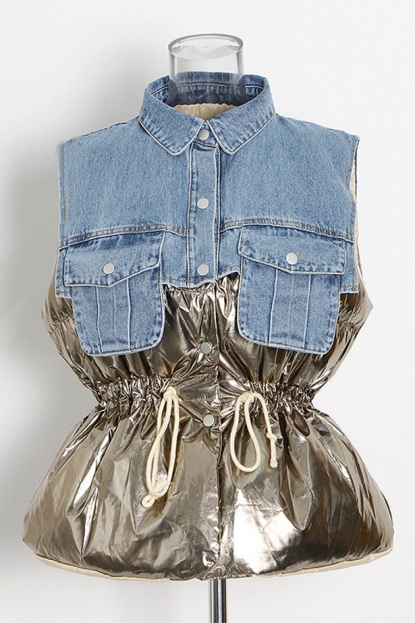 Gold Casual Patchwork Contrast Turndown Collar Outerwear