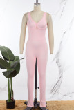 Pink Casual Sportswear Solid Backless V Neck Skinny Jumpsuits