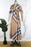 Apricot Brown Casual Daily Plaid Bandage Printing Turndown Collar Short Sleeve Dress Dresses