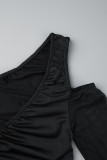 Black Sexy Solid Hollowed Out Patchwork Fold V Neck Long Sleeve Dresses