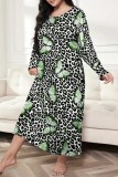 Green Casual Living Print Basic O Neck Long Sleeve Plus Size Sleepwear Dress