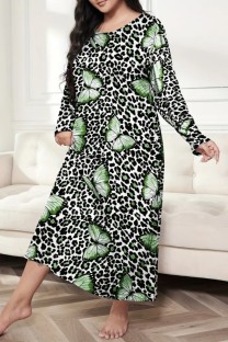 Black Green Casual Living Print Basic O Neck Long Sleeve Plus Size Sleepwear Dress