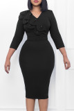 Black Casual Solid With Belt V Neck Pencil Skirt Dresses