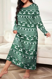 Green Casual Living Print Basic O Neck Long Sleeve Plus Size Sleepwear Dress
