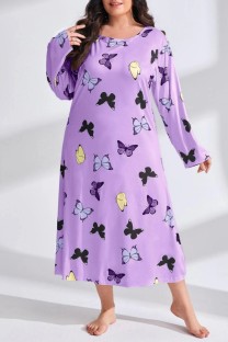 Light Purple Casual Living Print Basic O Neck Long Sleeve Plus Size Sleepwear Dress