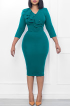 Green Casual Solid With Belt V Neck Pencil Skirt Dresses