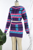 Purple Celebrities Color Block Hollowed Out Draw String Buckle Cross Straps O Neck Long Sleeve Two Pieces