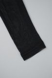 Black Sexy Solid Hollowed Out Patchwork Fold V Neck Long Sleeve Dresses