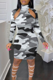 Army Green Street Camouflage Print Hollowed Out Patchwork Turtleneck Wrapped Skirt Dresses