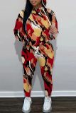Rose Red Casual Print Basic Hooded Collar Long Sleeve Two Pieces