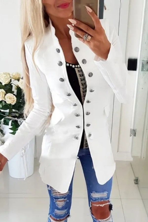 White Casual Patchwork Buttons Outerwear