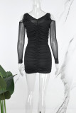 Black Sexy Solid Hollowed Out Patchwork Fold V Neck Long Sleeve Dresses