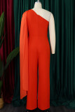 Tangerine Red Elegant Solid Patchwork One Shoulder Loose Jumpsuits