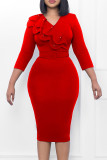 Red Casual Solid With Belt V Neck Pencil Skirt Dresses