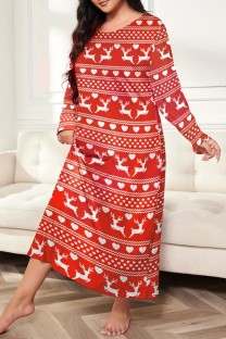 Red Casual Living Print Basic O Neck Long Sleeve Plus Size Sleepwear Dress
