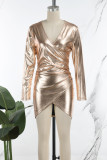 Gold Casual Solid Patchwork Fold V Neck Long Sleeve Dresses