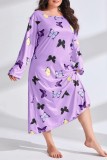 Black Purple Casual Living Print Basic O Neck Long Sleeve Plus Size Sleepwear Dress