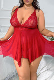 Red Sexy Living Solid See-through Backless Slit Spaghetti Strap Plus Size Sleepwear