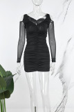 Black Sexy Solid Hollowed Out Patchwork Fold V Neck Long Sleeve Dresses