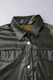 Green Street Solid Patchwork Pocket Buckle Turn-back Collar Outerwear