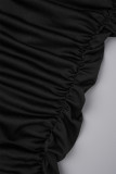 Black Sexy Solid Hollowed Out Patchwork Fold V Neck Long Sleeve Dresses