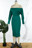 Green Casual Daily Simplicity Basis Solid Color Long Sleeve Two Pieces