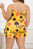 Yellow Sexy Living Print Backless Spaghetti Strap Plus Size Sleepwear