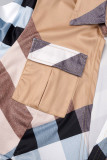 Apricot Brown Casual Daily Plaid Bandage Printing Turndown Collar Short Sleeve Dress Dresses