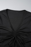 Black Casual Solid Draw String Frenulum Slit V Neck Long Sleeve Plus Size Dresses