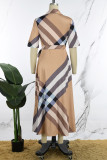 Apricot Brown Casual Daily Plaid Bandage Printing Turndown Collar Short Sleeve Dress Dresses