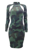 Red Street Camouflage Print Hollowed Out Patchwork Turtleneck Wrapped Skirt Dresses