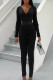 Black Casual Solid Bandage Patchwork Slit Zipper O Neck Skinny Jumpsuits