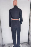 Black Casual Color Block Bandage Patchwork Pocket Mandarin Collar Long Sleeve Two Pieces