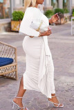 White Elegant Solid Patchwork Flounce Slit Fold O Neck Long Sleeve Plus Size Dresses