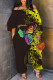 Black Yellow Casual Print Basic Off the Shoulder Regular Jumpsuits