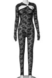 Black Sexy Solid Hollowed Out See-through O Neck Skinny Jumpsuits