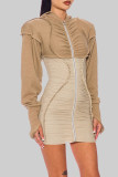 Khaki Sexy Color Block Patchwork Contrast Hooded Collar Sheath Dresses