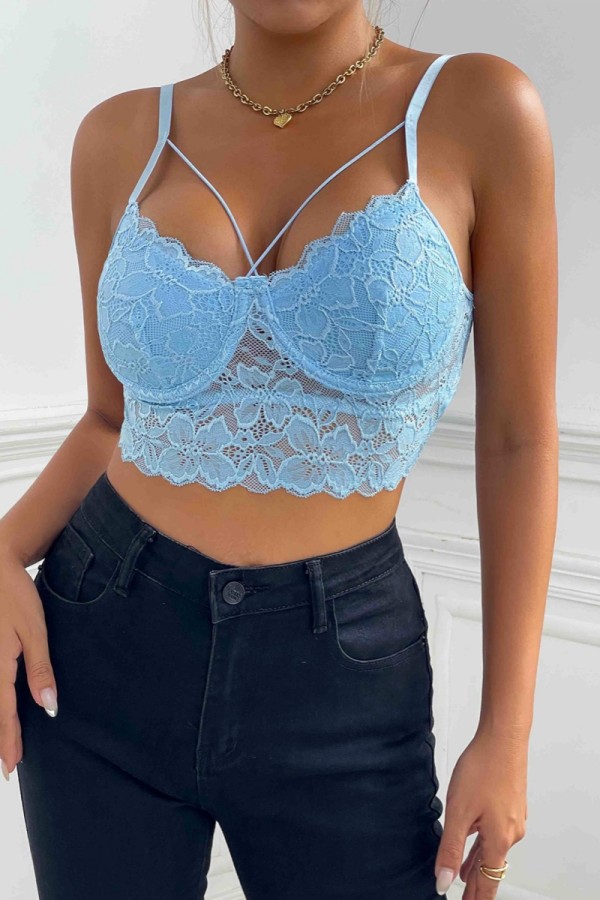 Light Blue Sexy Casual Solid Patchwork Backless Spaghetti Strap Tops