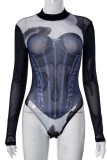 Blue Sexy Print Patchwork Half A Turtleneck Skinny Bodysuits