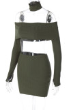 Army Green Sexy Solid Patchwork Halter Long Sleeve Two Pieces